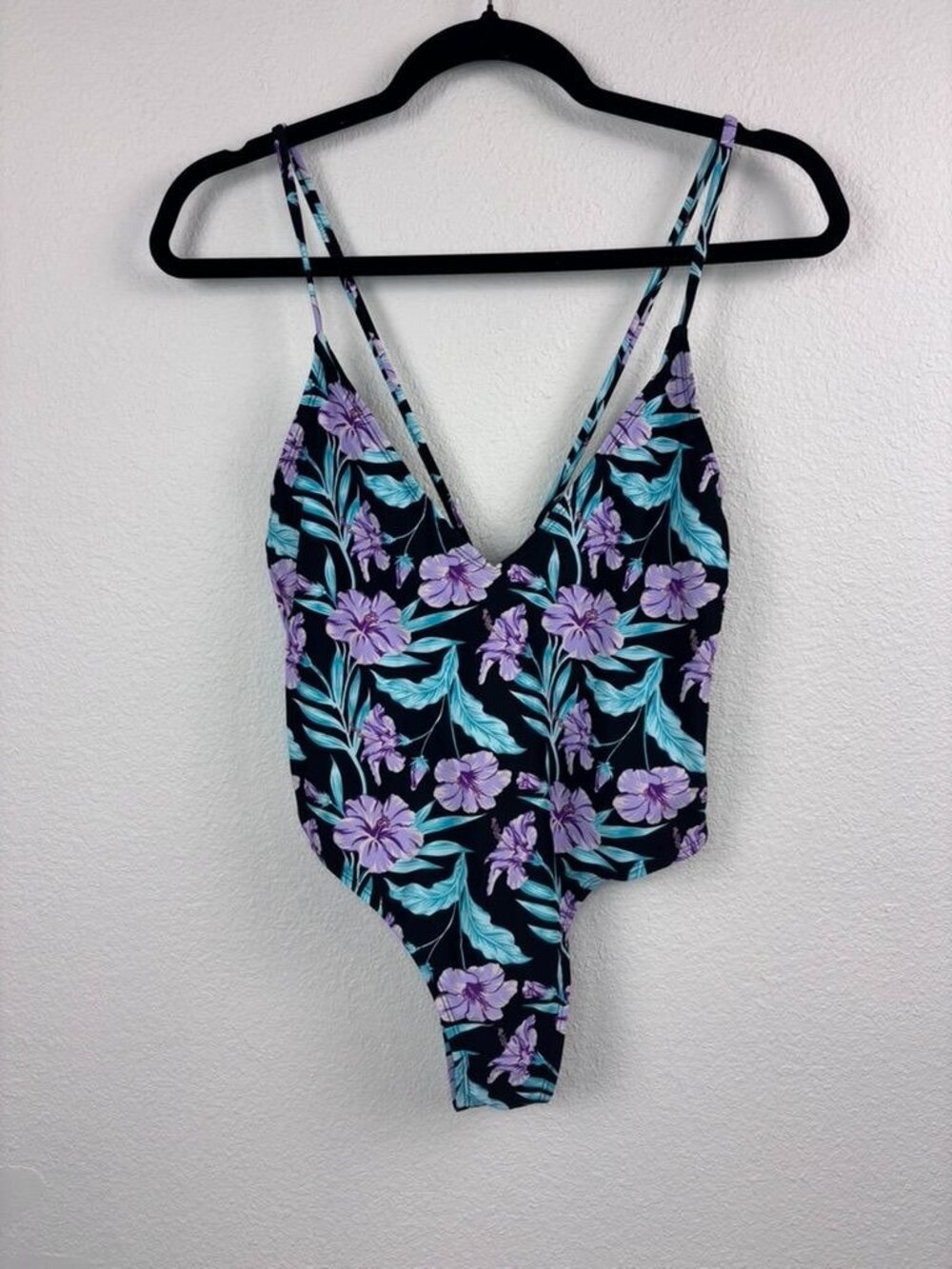 Betty Jade women's large black purple floral one piece cheeky swimsuit swim